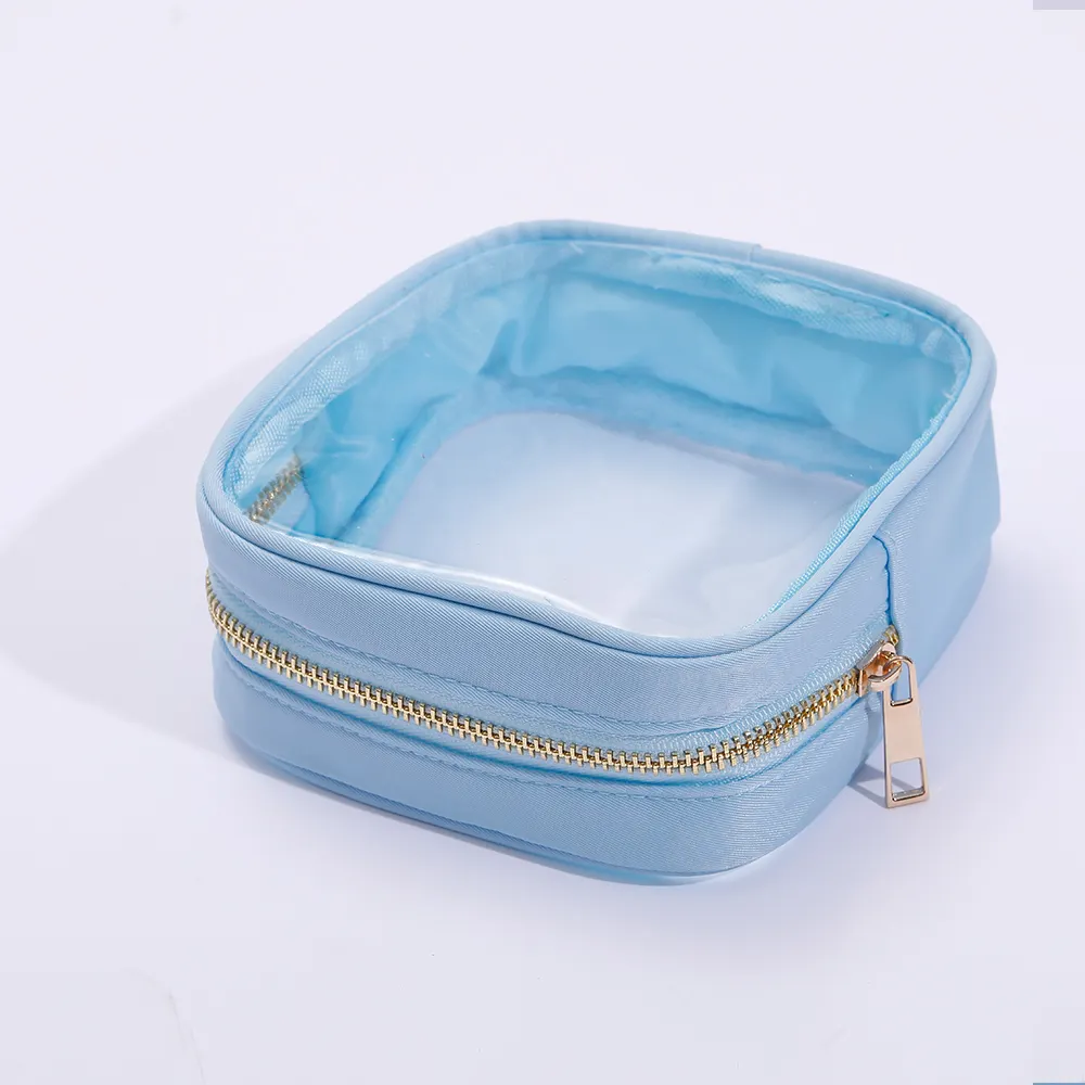 2023 Spring Trends Fashion Transparent Small Makeup Bag Mini Clear Toiletry Bag Blue Square Zipper Pouch For Girls