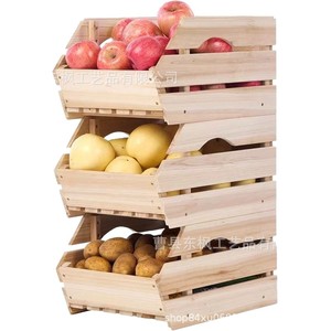 Cesta de almacenamiento apilable de madera de tres niveles para verduras y frutas, rectangular, de madera maciza, ecológica, para encimera. - Product Image 5