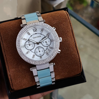 Montre-bracelet chronographe unisexe MKOriginals, lunette sertie de diamants, bracelet en métal bicolore, cadran en nacre, date, mouvement à quartz