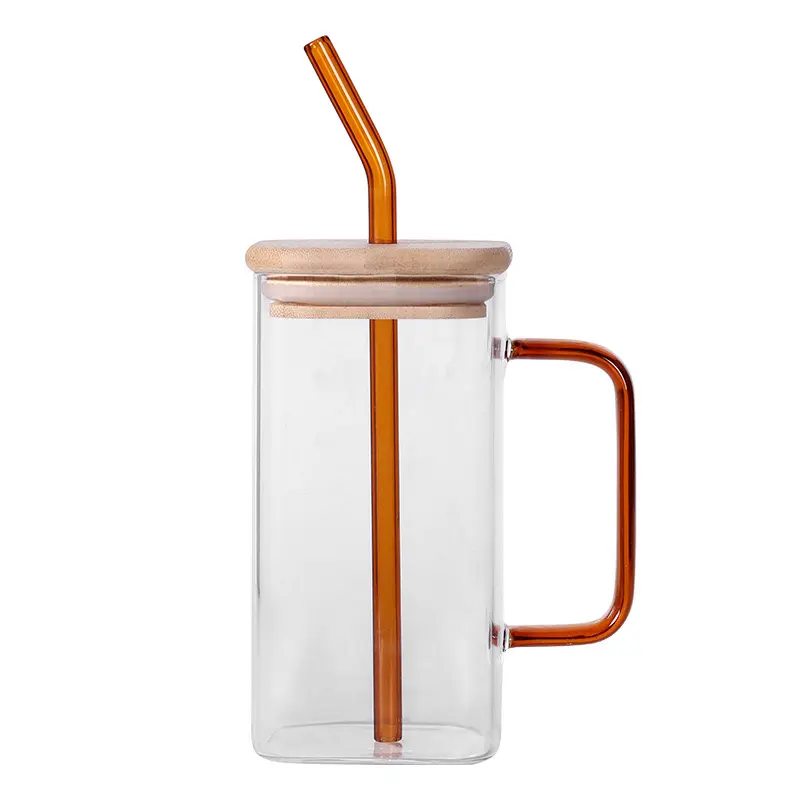 Top Seller tazza di vetro quadrato trasparente con manico in paglia e coperchio per tè freddo o acqua per bere bicchieri