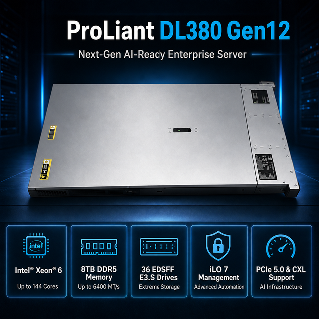 ProLiant DL380 Gen12 Supports Intel Xeon 6 Processors, 36 EDSFF E3 .S NVMe Drives, Three Double-wide or Eight Single-wide GPUs.
