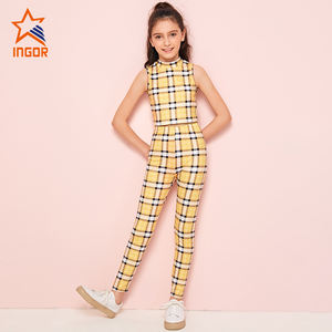 Enfants filles Plaid Sport costume col montant <span class=keywords><strong>sans</strong></span> manches haut court taille haute Yoga Legging Fitness filles entraînement ensemble - Product Image 4