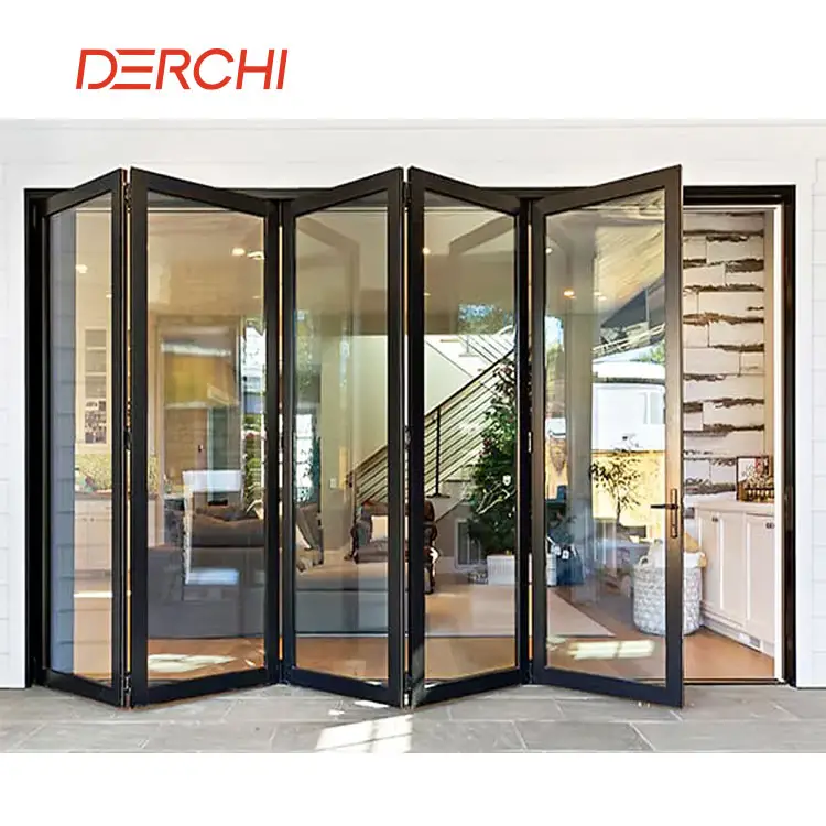 DERCHI NFRC Australia Villa Habitación Partición Interior Acordeón Puerta Bifold Aluminio Patio Lujo Vidrio Puerta Plegable Para Balcón