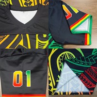 Maillot de football décontracté pour jeunes FQ Custom Reggae Culture Rasta Mesh Jersey Tonga Maori American Football Jersey Sublimation pour hommes