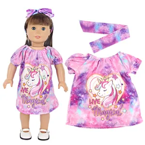 Venta al por mayor de fábrica, vestido de unicornio y Diadema, ropa de muñeca americana de 18 pulgadas a juego con niñas