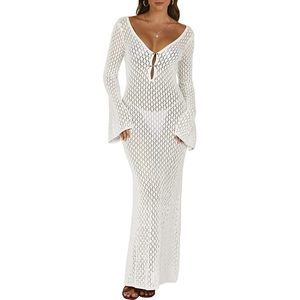 Robe de plage moulante FOXA pour femme, en crochet ajouré 100 % acrylique, manches longues, col en V profond, vêtements de vacances, été 2026 - Product Image 1