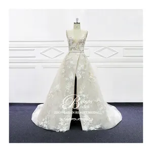 Bridal Wedding Gowns Luxury 3D Flower Beading Lace Dress A-line Split Skirt V Neck Sleeveless