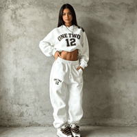 Ensemble de survêtement décontracté deux pièces pour femme, personnalisé, hiver, molleton de coton épais 500 GSM, broderie de patch, sweat à capuche et pantalon de survêtement