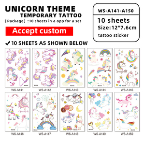 10 fogli personalizzati del produttore di <span class=keywords><strong>unicorno</strong></span> finto tatuaggio adesivo per bambini trasferimento di acqua Glitter tatuaggio temporaneo per feste - Product Image 2