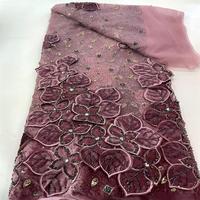 Tissu en dentelle perlée à fleurs en velours, tissu en dentelle brodé de sequins, tissu en dentelle effet velours, matériaux pour robe Asoebi