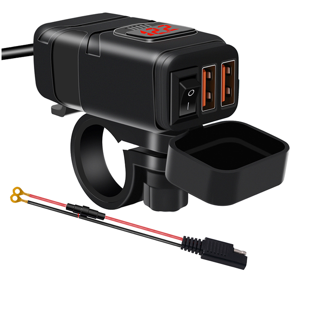 Motorcycle USB Outlet SAE Quick Disconnect Plug QC 3.0 Fast Charging Real-time Battery Monitor Mobile Devices Yamaha Compatible
