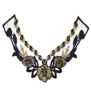 Netstof Borduurwerk Kant Nepkraag Zwart En Goud Corsage Stuk 3d Kraag Stuk Mode Borst Kant Doek Pasta Accessoires - Product Image 2