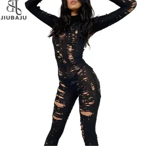 Black Hollow Out Knitted Jumpsuit Night Club Clothing For Women 2023 Fall Winter Long Sleeve High Waist Bodycon Jumpsuits