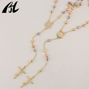 เครื่องประดับทางศาสนา18K ลายลูกประคำสามสีสร้อยคอคาทอลิก