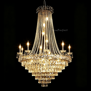 Lustre suspendu élégant en métal argenté avec bougies en cristal pour la décoration de lieux de mariage et d'événements festifs à louer - Product Image 4