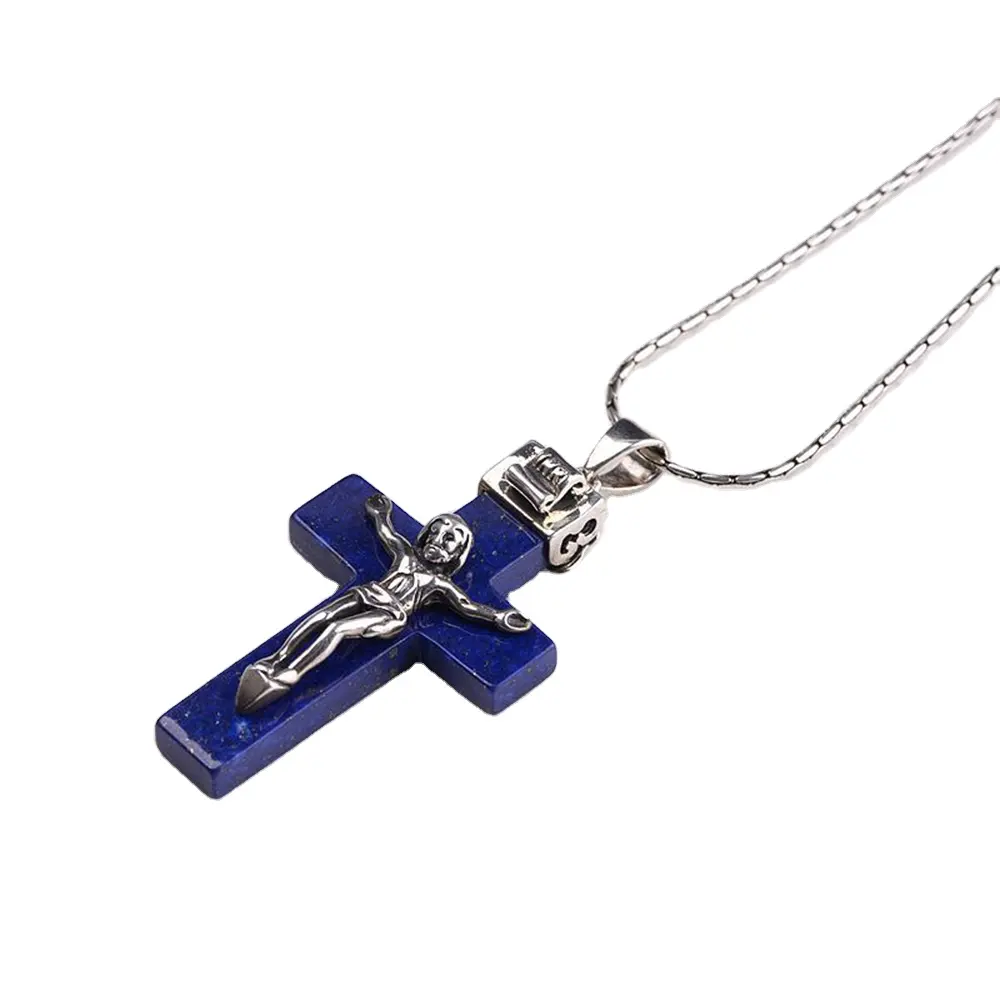 Bất Tinh Khiết 925 Sterling Silver Crucifix Chúa Giêsu Mảnh Mặt Dây Chuyền Cho Nam Giới Phụ Nữ Với Tự Nhiên Lapis Lazuli Đá Antique Đồ Trang Sức Thánh