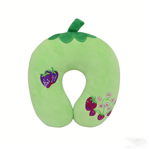 Green Plush <b>Neck</b> Pillow With Strawberry Embroidery For Kids 2-4 Years Unisex Travel Support <b>Cushion</b> - Product Image 4