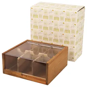 Organizador de bolsas de té de madera de Acacia, caja de almacenamiento con 6 compartimentos, cofre de té con tapa transparente acrílica con bisagras