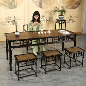 Antique Chinese Style <b>Bamboo</b> Dining Set 6 Piece Wabi Sabi Design Rectangular Table With <b>Stools</b> And Chair For Dining Room - Product Image 4