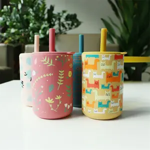 Printing Cartoon Pattern Cute Straight Sippy Silicone Cups Baby Feeding Silicone Training Cup With Straw