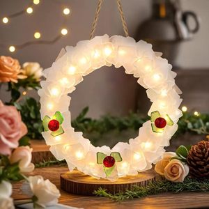 White Sea Glass Wreath with LED Lighted Handmade 9 Inch Beach Wreath Hanging for Home Door Wall Coastal Wedding Christmas Decor