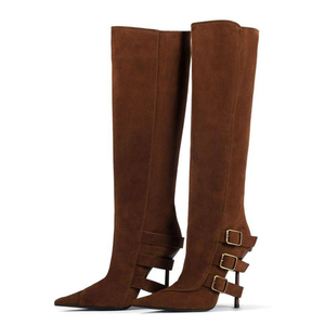Big Size 44 Women's Back Metal Buckles <b>Long</b> Boots Slim High-Heeled Pointed Toe Knee High Booties Straight Upper on Shoes - Product Image 1