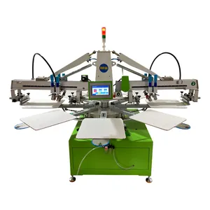 ماكينة طباعة آلية دوارة عالية الجودة للشاش والحرير على القمصان بـ 8 محطات و2 ألوان مع تسجيل مصغر