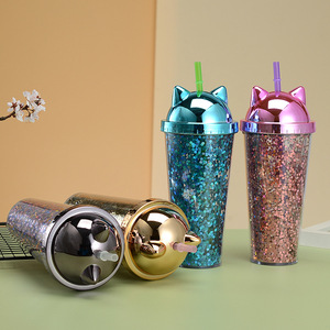 Zhen Ai Cat Ear Sequined Water Cup Led Flashing Plastic Drinkware For Party Couple Gift - Product Image 4