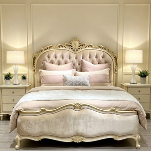French Style Velvet Tufted King Size <b>Bed</b> With Ornate Carved <b>Frame</b> And <b>Soft</b> Upholstery - Product Image 3