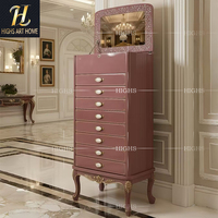 Coffret à bijoux en bois massif rose de style rétro français original, avec serrure intelligente à empreinte digitale et rangement sécurisé en cristal de luxe