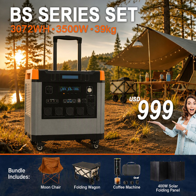 Wheeled Portable Power Station BS 3072Wh 3500W with 400W Solar Panel Coffee Machine Wagon Moon Chair Camping Home Backup