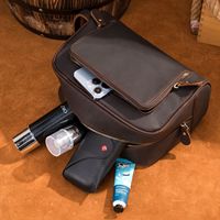 Tas Clutch Kulit Sapi Coklat Tua Pria, Tas Perlengkapan Mandi Kulit Asli, Tas Cuci, Dopp Kit, Pegangan Samping, Pesanan Grosir Pabrik