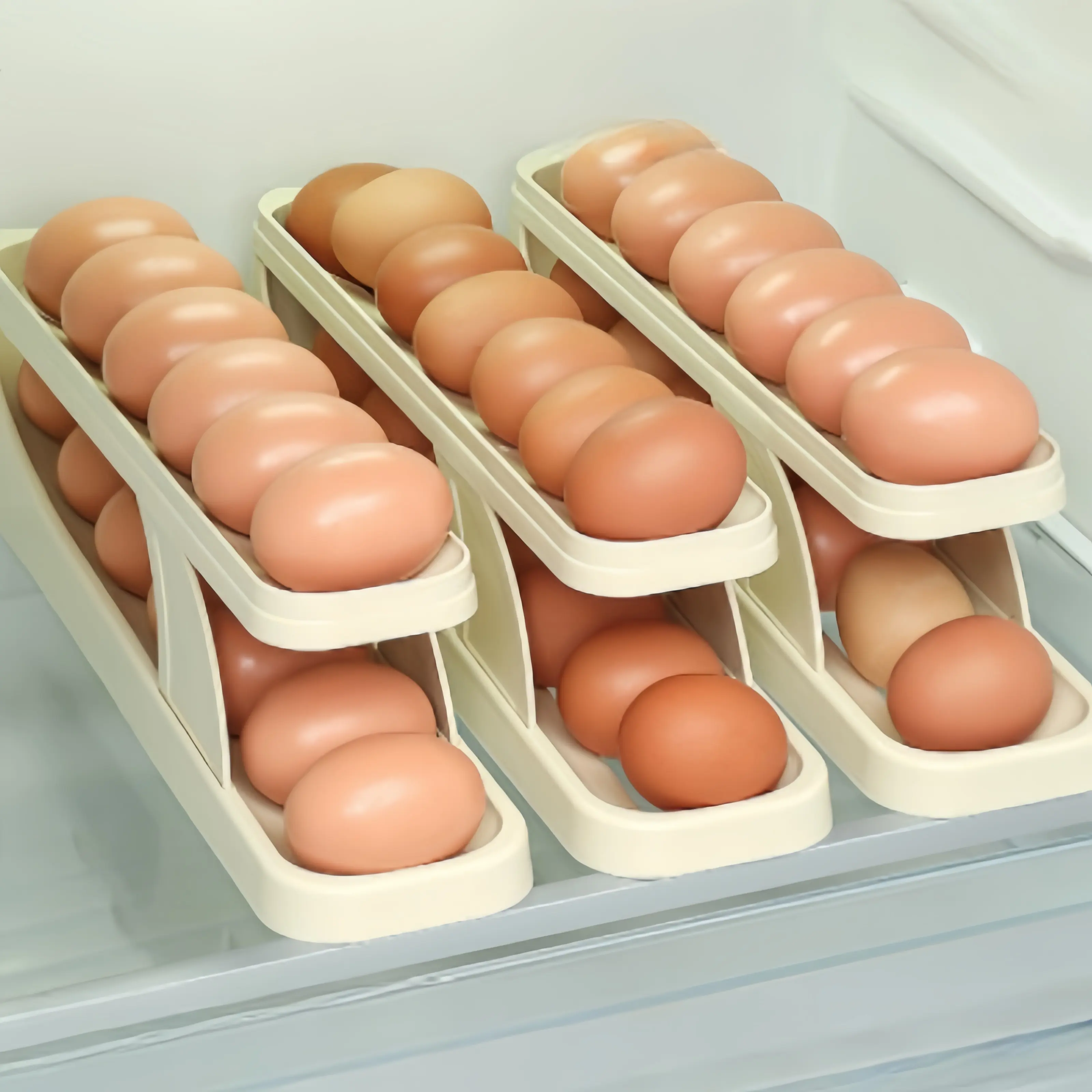 صندوق تخزين البيض بطبقة مزدوجة بسعر الجملة، حاوية بيض بلاستيكية تلقائية التدوير، منظم، حامل رف البيض لثلاجة المطبخ