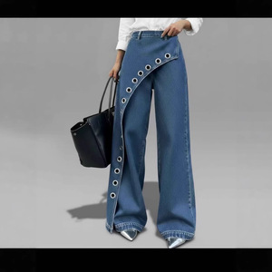 Pantalones Vaqueros Casuales de Pierna Recta y Ancha para Mujer, Diseño de Empalme Novedoso 2026, Color Sólido - Product Image 4