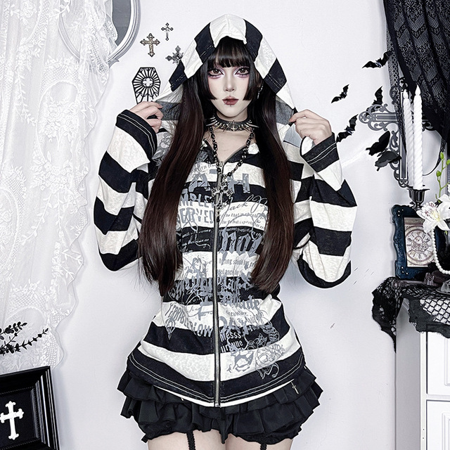 Gothic Coat Autumn New Style Fashion Striped Coat Versatile Loose Casual Patchwork Top for Women