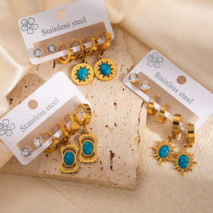 ANENJERY Unisex Retro <span class=keywords><strong>Ear</strong></span> Stud Earrings Set Nova Moda em Aço Inoxidável Azul estampado Pedra Geométrica Funil Sun Star Brincos - Product Image 1