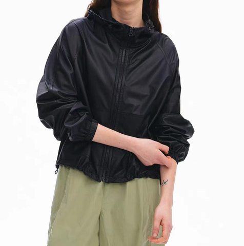 0009 Black Stand Collar Hooded Spliced Leather Coat Sheepskin Outerwear Light Outdoor Casual Leather Coat