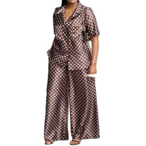 Ensemble africain 2 pièces pour femme : chemise à col tailleur pied-de-poule à manches courtes et pantalon décontracté – Tendance - Product Image 1