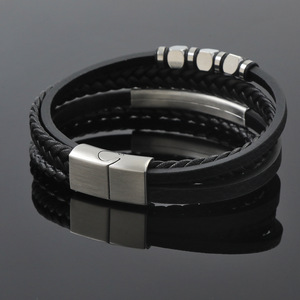 Pulsera de Cuero Genuino Multicapa con Espaciador de Acero Inoxidable Personalizado <span class=keywords><strong>para</strong></span> <span class=keywords><strong>Hombre</strong></span>, Botón Magnético, Joyería Vintage con Trenzado Masculino - Product Image 4