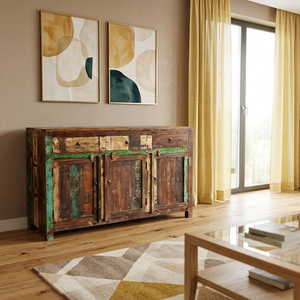 Buffet de rangement traditionnel en bois massif, style antique, avec 3 tiroirs, idéal pour les salons/salles à manger de style farmhouse ou d'hôtel, fait main - Product Image 2