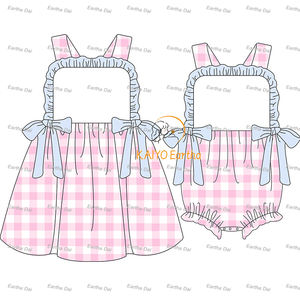 Niños niñas vestidos 2-12 niños ropa de verano sunsuits Seersucker juego volante bebé niñas mameluco conjuntos - Product Image 4