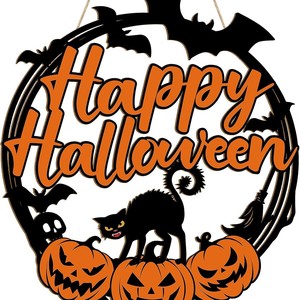 Prix d'usine – Décoration de porte d'Halloween – Joyeux Halloween – Chat noir et <span class=keywords><strong>citrouille</strong></span> – Décoration murale en bois pour fête - Product Image 6