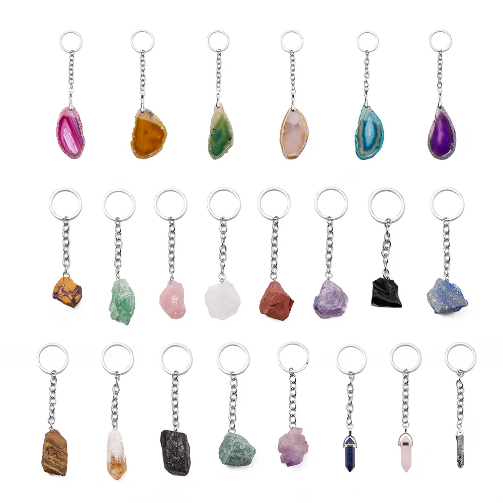 Factory wholesale colorful agate keychain healing point crystal natural raw gem stone keychain