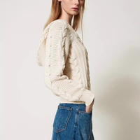 Pull style décontracté femme 100% coton printemps automne manches longues pull câble tricot pull à capuche