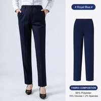Pantalon de bureau pour femme, bleu saphir, coupe droite, taille mi-haute, poches obliques, taille élastique au dos, extensible, personnalisé pour l'hôtellerie