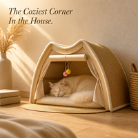 Lit pour chat en bois, dôme arqué, maisonnette pour chat, tente à gratter en jute, coussin amovible, jouet, meuble d'intérieur pour animaux de compagnie