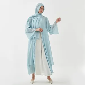 2024 Georgette abaya bebê azul feminino aberto placket vestidos com camada de franja 100% Poliéster