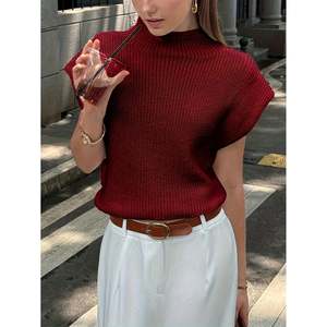 Drop Shoulder Ribbed <b>Mock</b> <b>Neck</b> Knit Vest Beige S Women's <b>Top</b> - Product Image 6