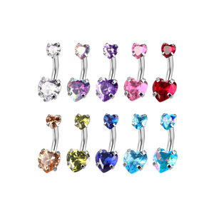 SC-anillos de acero inoxidable para el vientre, joyería colorida para el vientre, saludable, a la moda, con doble Corazón de circón, superventas - Product Image 1