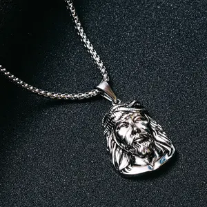 Collier punk Vintage pour homme, bijoux religieux, pendentif de jésus, en acier inoxydable, argent, tête de jésus, breloque du visage